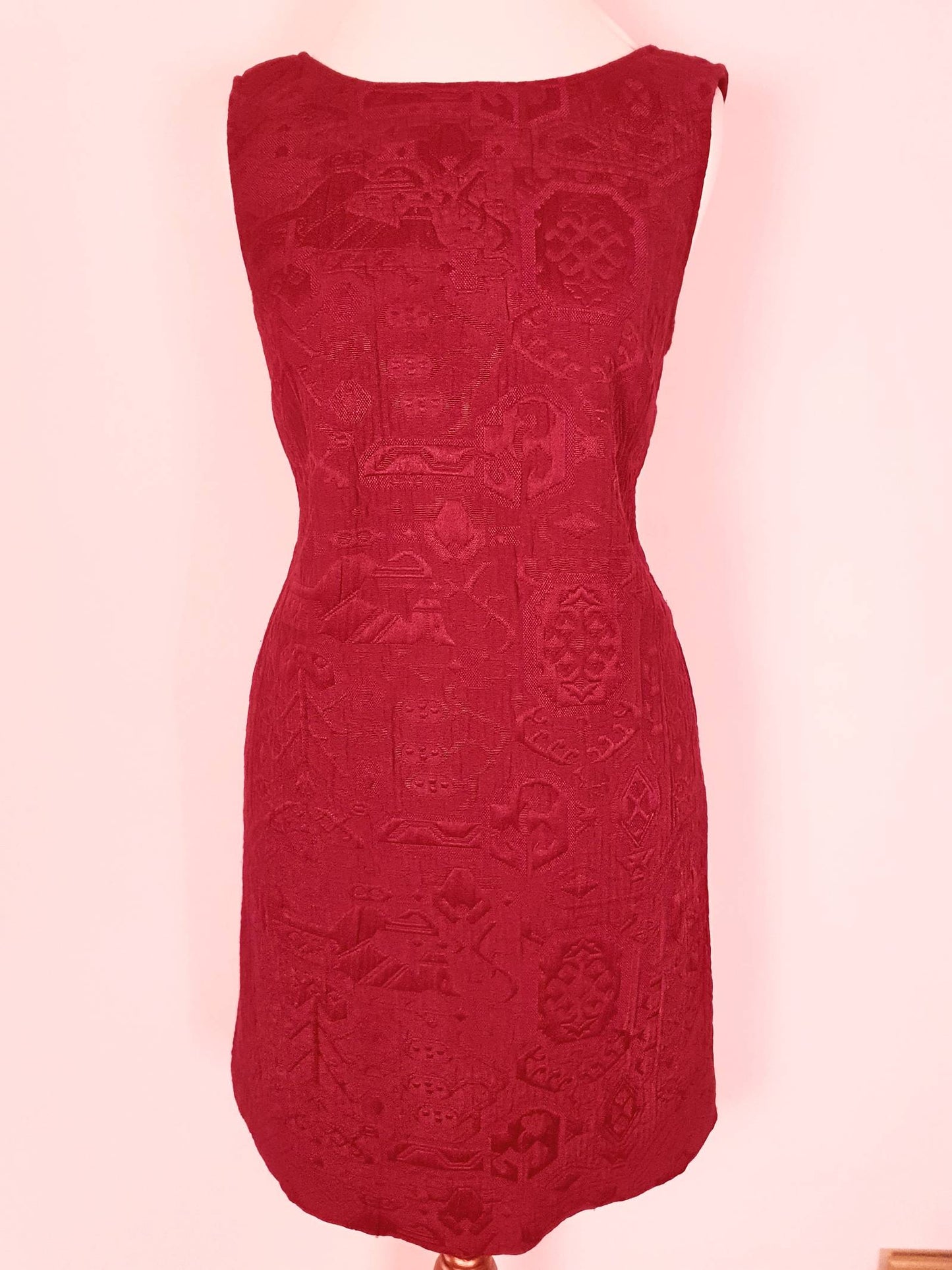 Vintage Red Brocade Shift Dress Party Cocktail