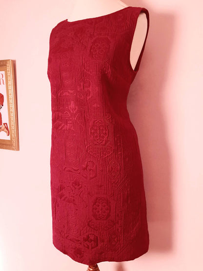 Vintage Red Brocade Shift Dress Party Cocktail