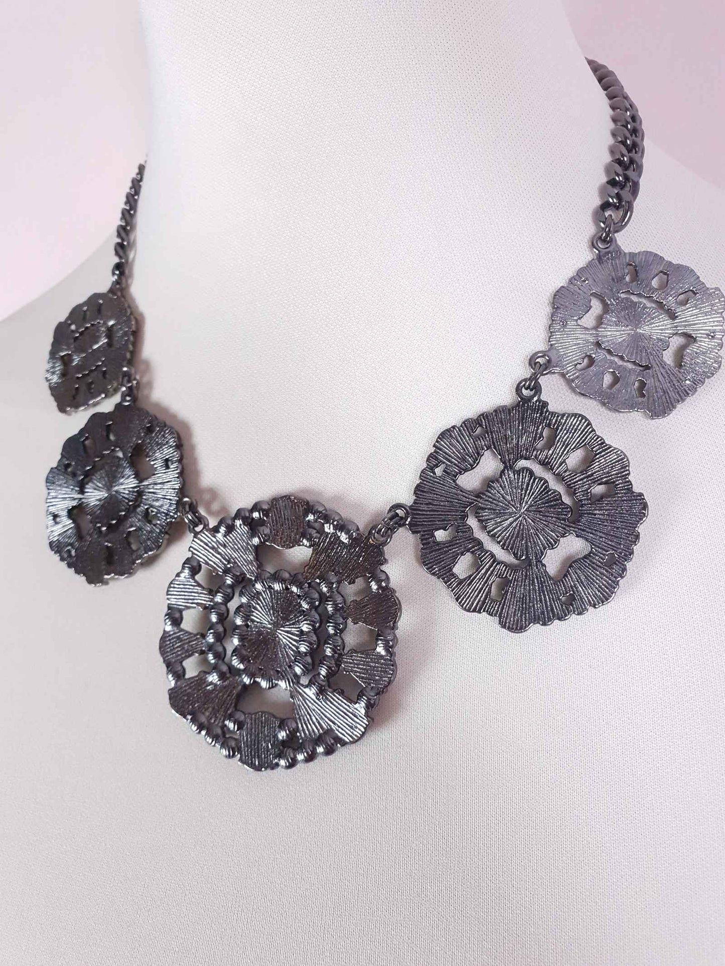 Pre-Loved Ornate Victorian Style Dark Grey Diamante Necklace