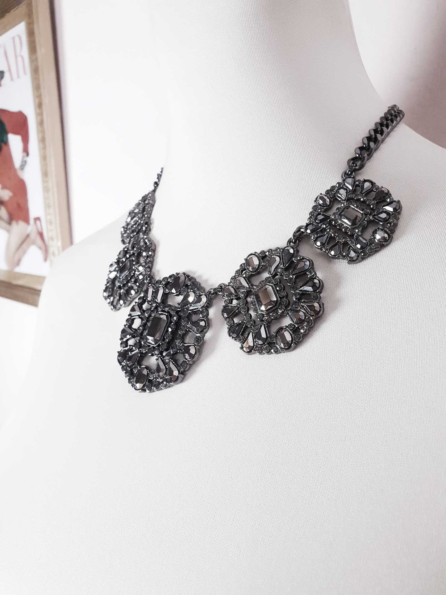 Pre-Loved Ornate Victorian Style Dark Grey Diamante Necklace