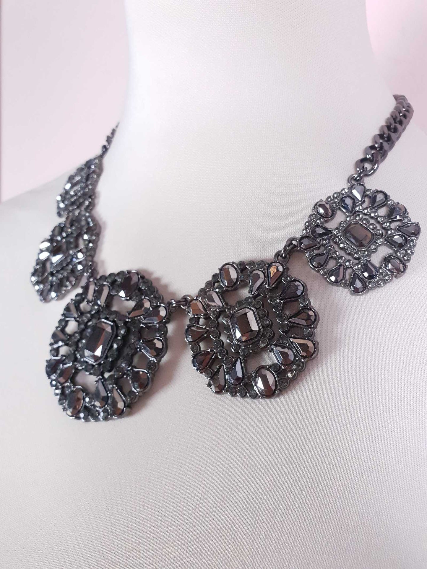 Pre-Loved Ornate Victorian Style Dark Grey Diamante Necklace