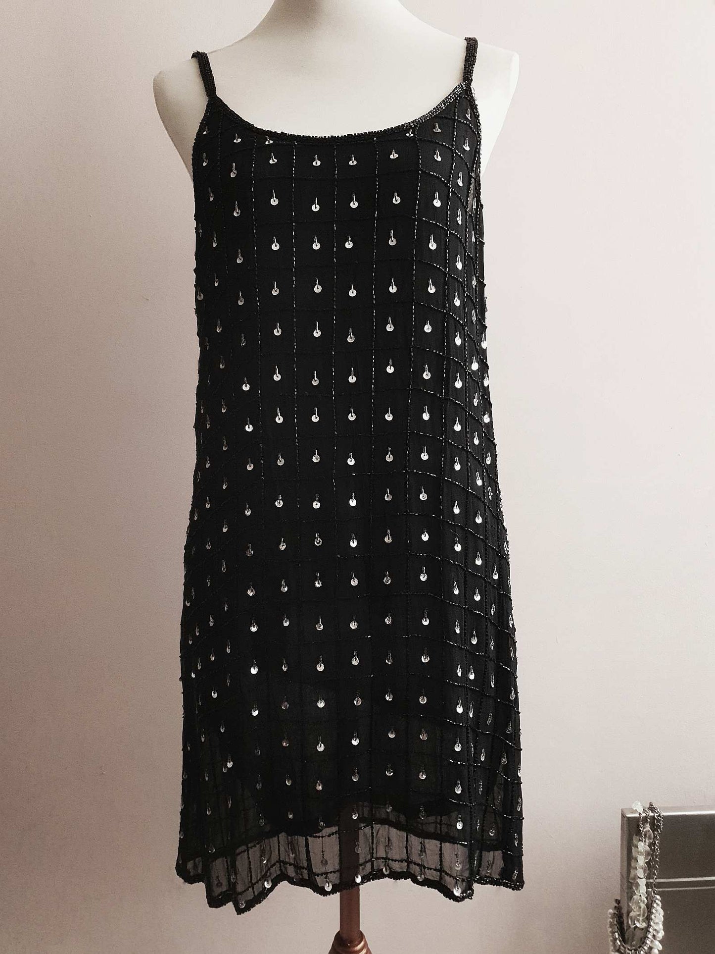 Vintage 1980s Black Sequin Dress Baby Doll Beaded Evening Party Cocktail - Size 10