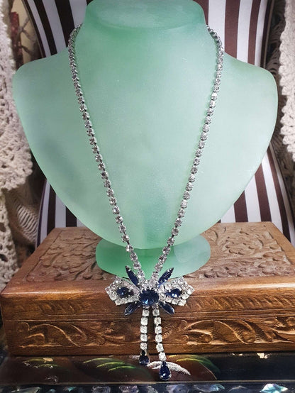 Vintage 1950s Rhinestone Bow Necklace Tassel Blue 15" - 17"