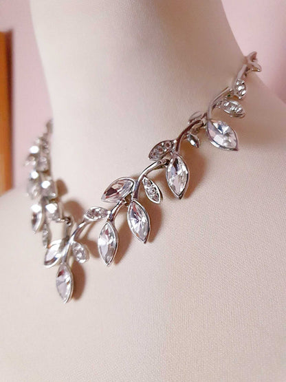 Vintage Diamante Leaf Necklace 17" - Rhinestone Silver Tone