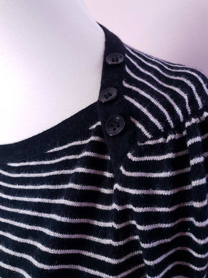 English Classics - Pre-owned Black & White Striped Laura Ashley Fine Weave Wool Dress - Size 12