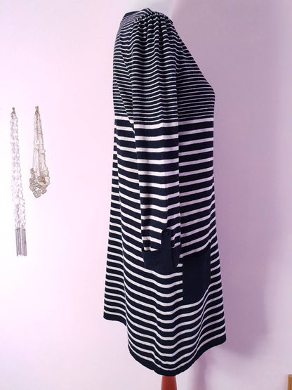 English Classics - Pre-owned Black & White Striped Laura Ashley Fine Weave Wool Dress - Size 12