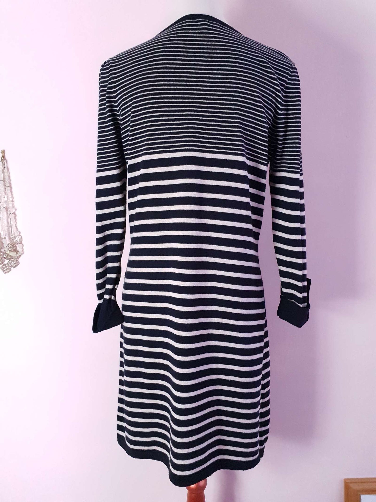 English Classics - Pre-owned Black & White Striped Laura Ashley Fine Weave Wool Dress - Size 12