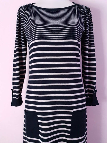 English Classics - Pre-owned Black & White Striped Laura Ashley Fine Weave Wool Dress - Size 12