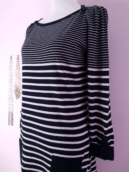 English Classics - Pre-owned Black & White Striped Laura Ashley Fine Weave Wool Dress - Size 12