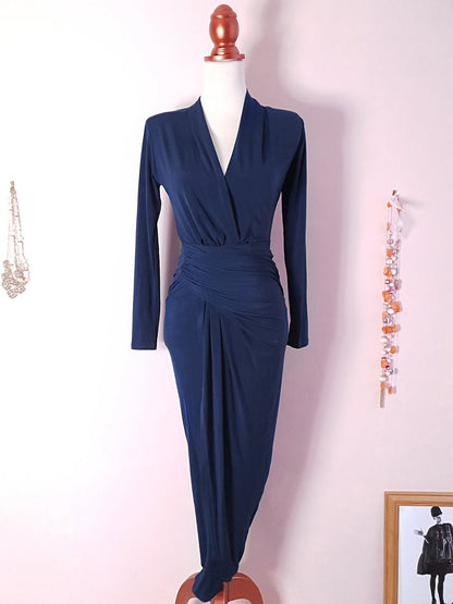 Spectacular Pre-Loved Navy Blue Clingy Drape Evening Dress - Size 10