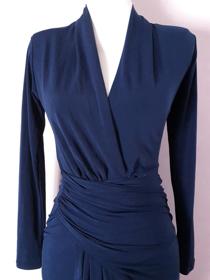 Spectacular Pre-Loved Navy Blue Clingy Drape Evening Dress - Size 10