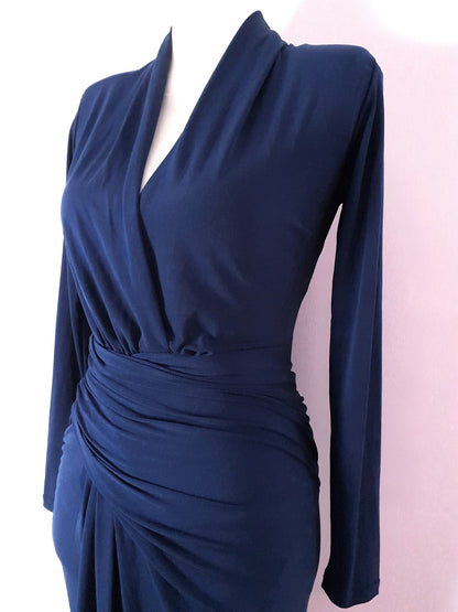 Spectacular Pre-Loved Navy Blue Clingy Drape Evening Dress - Size 10