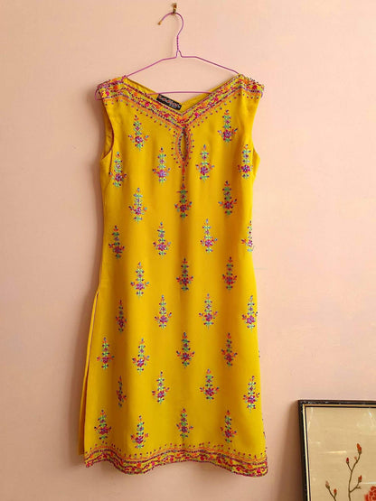 Vintage Yellow Chiffon Kaftan Boho Tunic Top Dress Sequined Embroidered Size 10