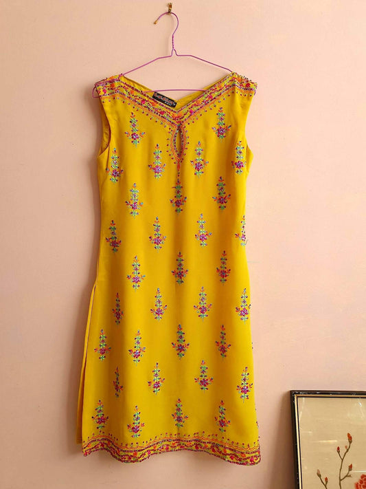 Vintage Yellow Chiffon Kaftan Boho Tunic Top Dress Sequined Embroidered Size 10