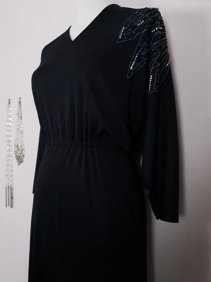 Vintage 1970s Black Dress Bead and Sequin Party Midi Cocktail - Size 8/10