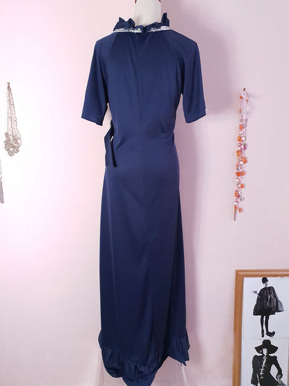 Elegant 1970s Navy Blue Vintage Evening Gown Rhinestone Maxi Dress - Size 12/14 UK