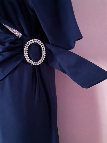 Elegant 1970s Navy Blue Vintage Evening Gown Rhinestone Maxi Dress - Size 12/14 UK