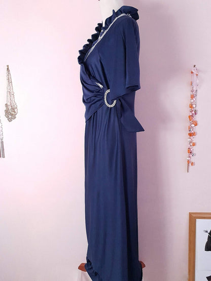 Elegant 1970s Navy Blue Vintage Evening Gown Rhinestone Maxi Dress - Size 12/14 UK