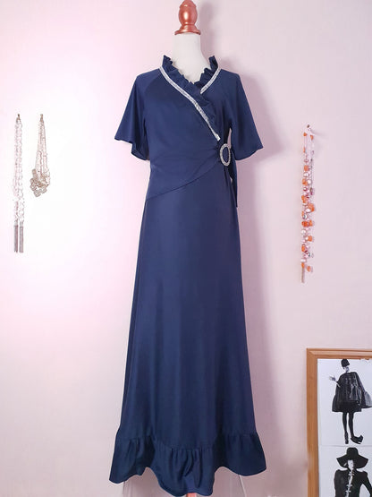 Elegant 1970s Navy Blue Vintage Evening Gown Rhinestone Maxi Dress - Size 12/14 UK